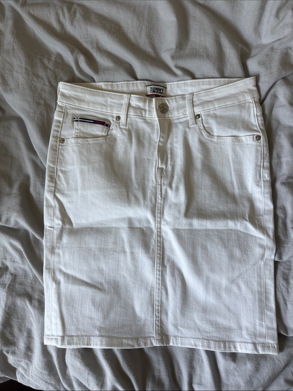 Tommy Hilfiger White Denim Pencil Skirt with Flag Trim